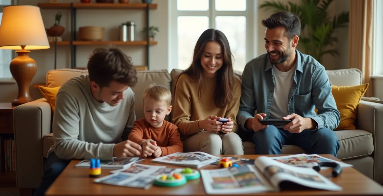 Scène photographique d'une famille utilisant une table basse multifonctionnelle dans un salon chaleureux