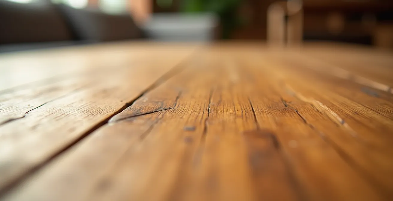 Photo macro d'un plateau de table basse en bois massif montrant le veinage naturel et la texture