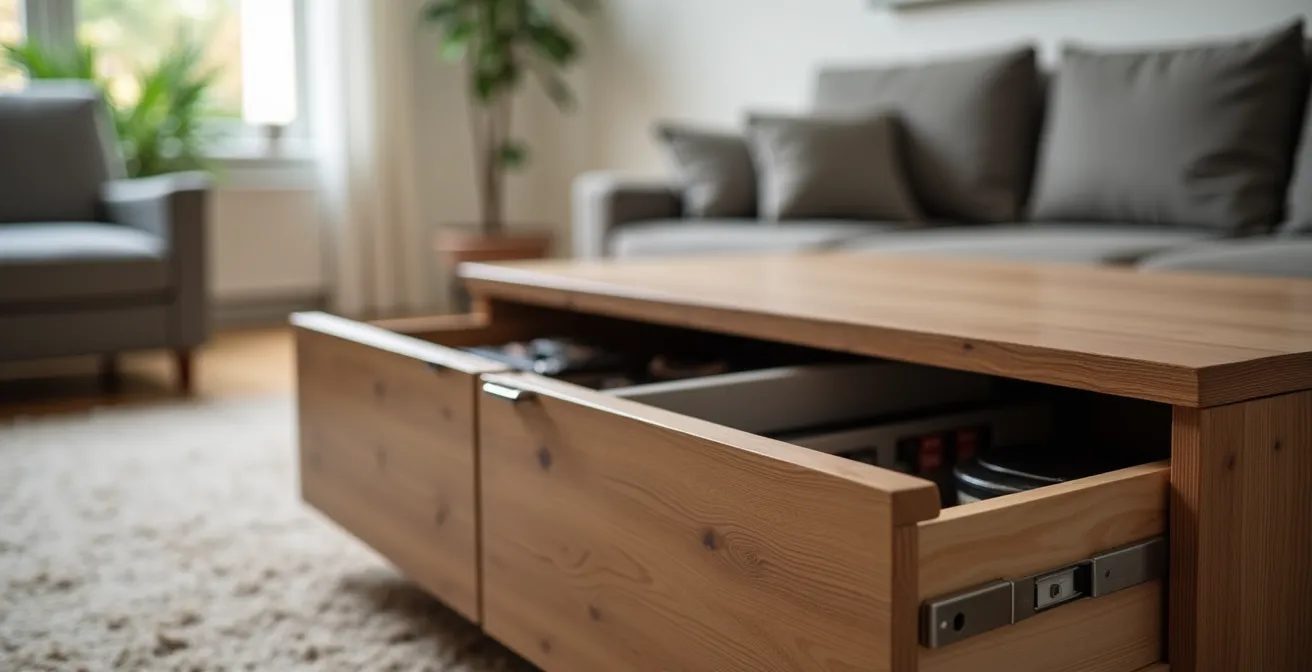 Photo détaillée d'une table basse multifonctionnelle avec rangements intégrés et plateau relevable