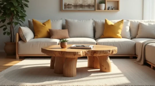 Photographie réaliste d'une table de salon fonctionnelle en bois massif avec forme organique et éclairage cinématographique