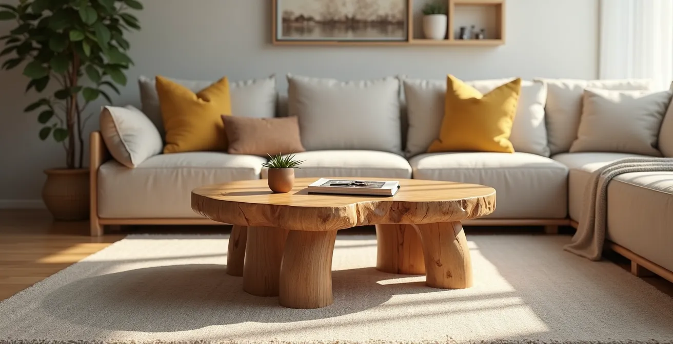 Photographie réaliste d'une table de salon fonctionnelle en bois massif avec forme organique et éclairage cinématographique
