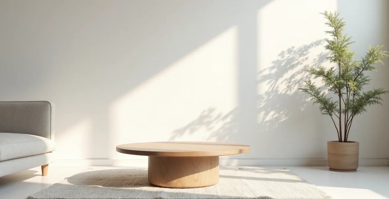 Scène environnementale épurée montrant une table basse arrondie dans un salon avec circulation fluide