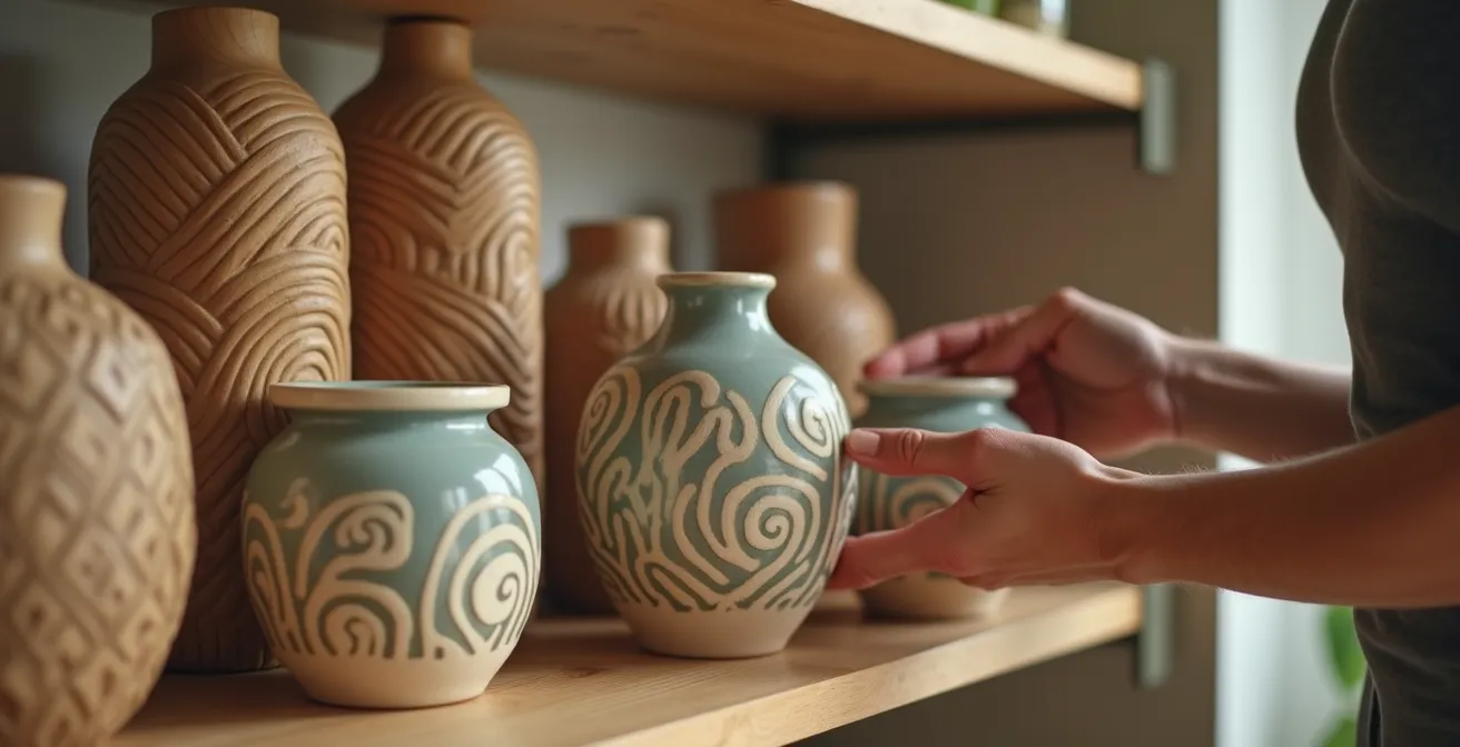 Personne arrangeant soigneusement des objets décoratifs sur une étagère en bois