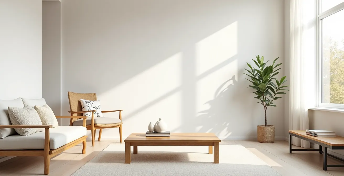 Salon épuré avec mobilier mixte baigné de lumière naturelle, murs blancs et espace aéré