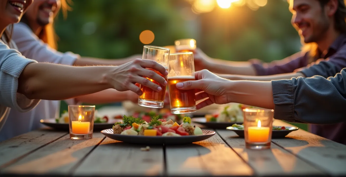 Mains de plusieurs personnes partageant un moment convivial sur une terrasse