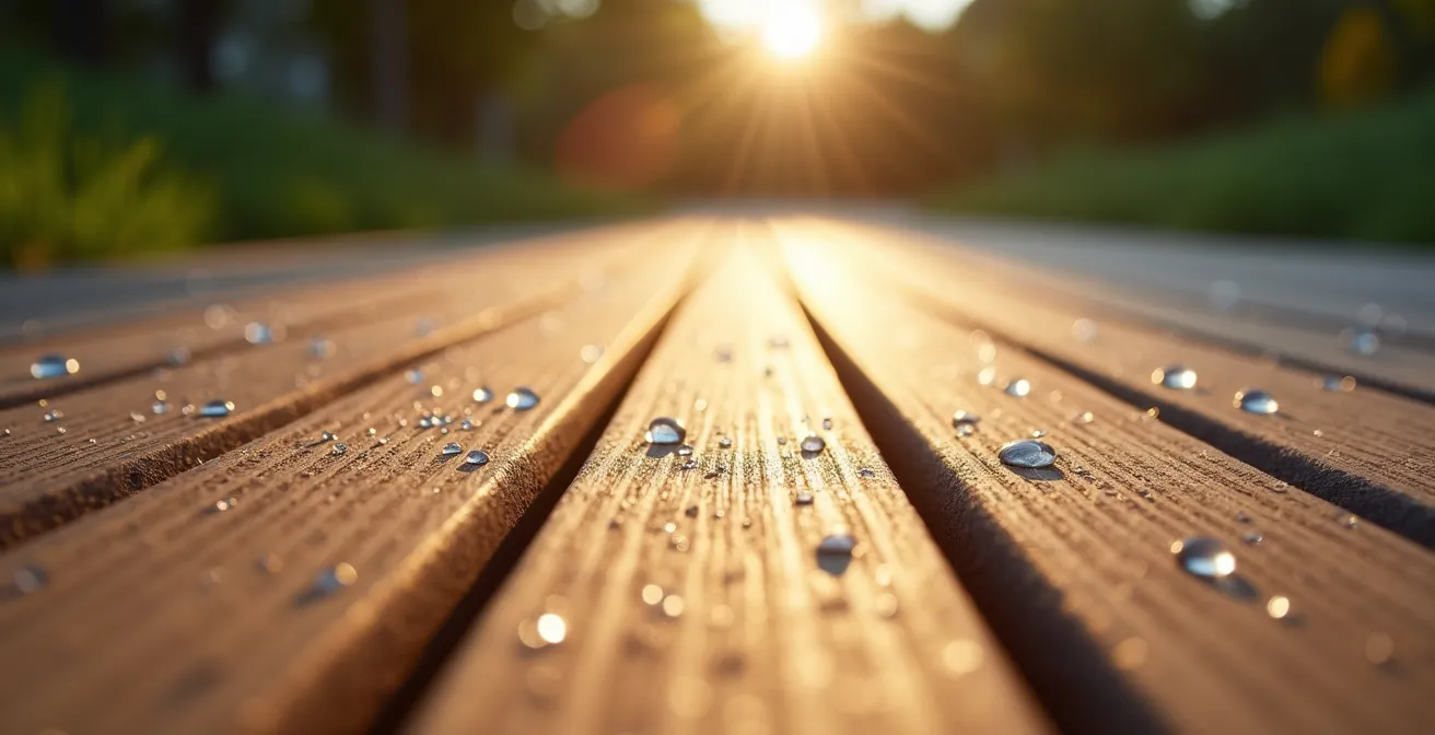 Détail macro de la texture du bois composite d'une terrasse moderne